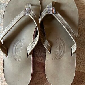 Rainbow Beige Sandals with Purple Stitching small